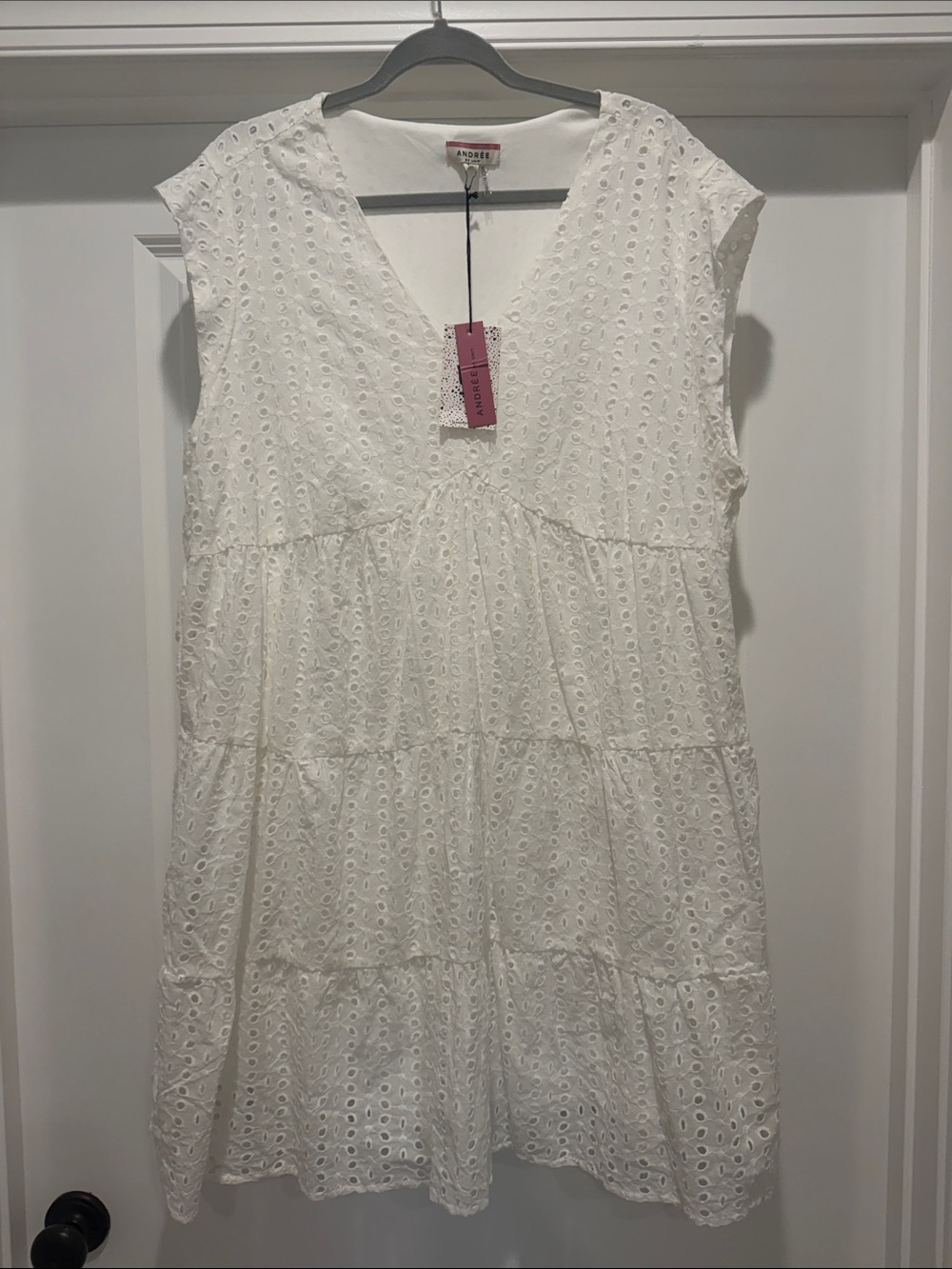 White Eyelet V-Neck Tiered Midi Dress